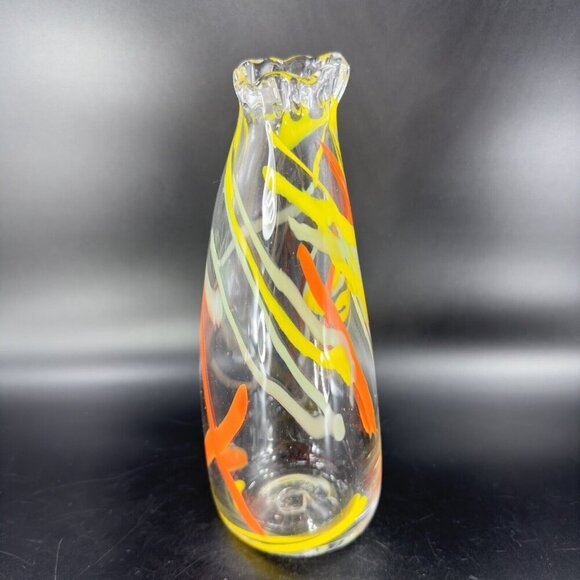 Hand Blown Studio Art Glass Swung Vase Clear Multicolor Swirls Hand Made Glass - Picture 16 of 16